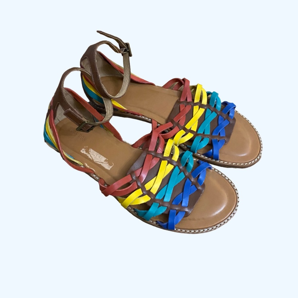 Soludos Rainbow Color Brown Leather Sandals Ankle Strap Size 9.5